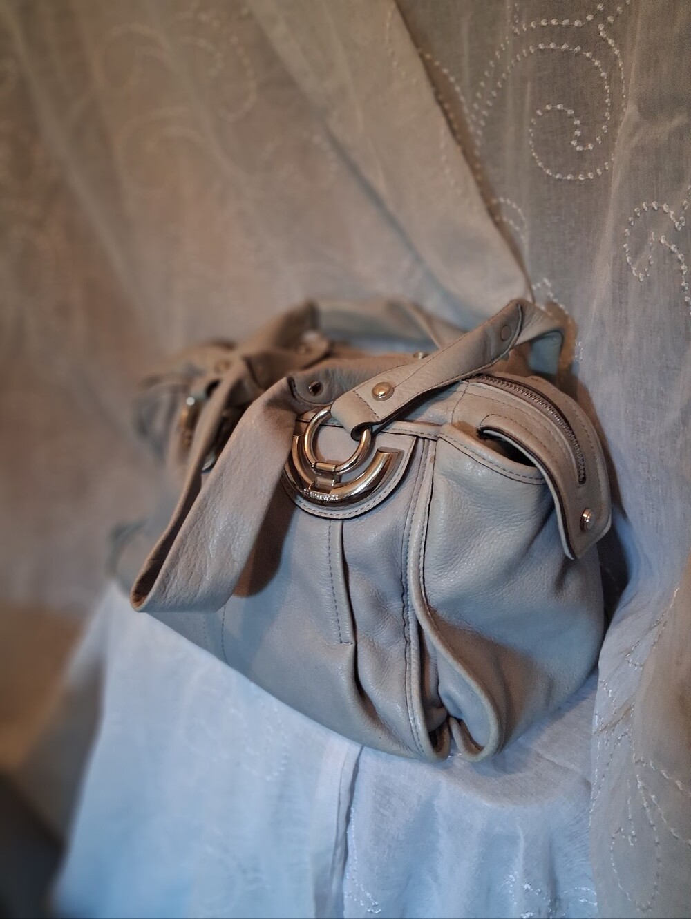 b. makowsky Light Blueish Gray Leather Shoulder Bag with Silver Rings